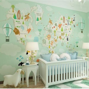 Cartoon World Map Wallpaper, Animal Cartoon Map Wall Mural, Kids and Nursery Bedroom Wall Paper