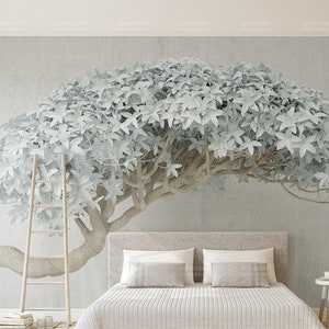 White Leaves Tree Wallpaper Mural: Peel and Stick Wall Art