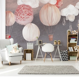 Cartoon Big Pink Hot-air Balloon Wallpaper, Grey Background White Clounds Wall Mural, Wall Decal, Kids and Nursery Bedroom Wall Paper