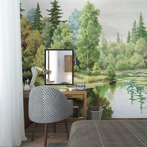 Tropical Rainforest Wallpaper Mural: Hand-Painted Trees, Peel & Stick