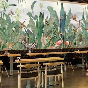 Benutzerdefinierte Wandbild Tapete Südostasien Stil Retro Handgemalter Regenwald Pflanze Blumen und Flamingos Wandmalerei Tapete