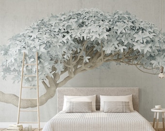May include: A white bedroom with a bed, a ladder, and a white tree with branches that arch over the bed. The tree is a 3D rendering and has a lightbulb hanging from one of the branches.