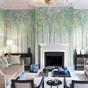 Hand Paint Northern European Birch Forest Wallpaper, Green Huge Trees Wall Mural, Living Room or Dinning Room Wallpaper