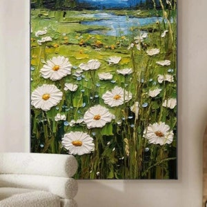 100% Handmade Oil Painting,White Flowers Oil Painting, Handmade Pond Wall Art Picture Living Room Bedroom Decor (No Frame)