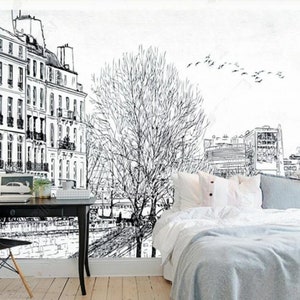 Sketch Building City with Flying Birds Wallpaper Wall Mural Home Decor for Living Room Bedroom Dinning Room