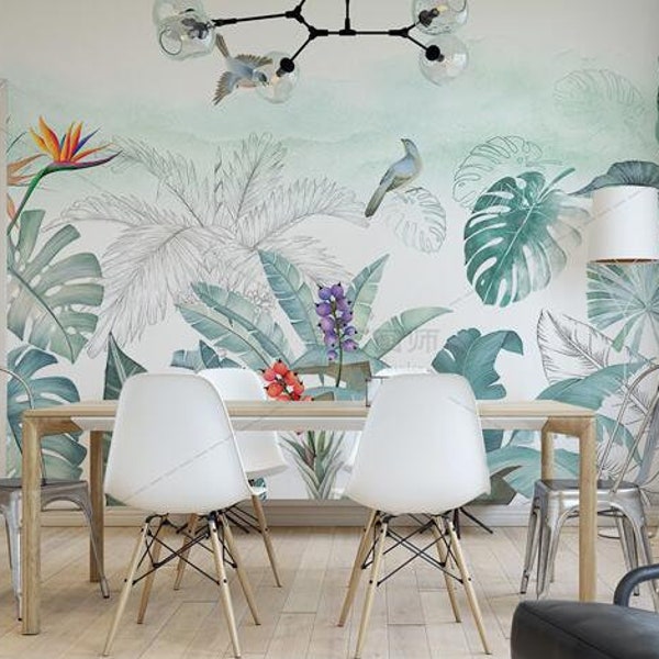 Tropical Rainforest Plants Wallpaper, Watercolor Banana Leaves Fruits with Flying Birds Wall Murals Wall Decor