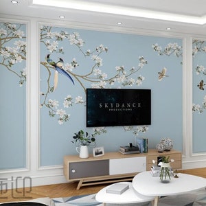 Chinoiserie Brushwork Hanging Magnolia Wallpaper, Vivid Birds and Magnolia Flowers Home Decor Wall Murals