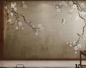 Chinoiserie Plum Flower Tree Wallpaper: Birds & Floral Wall Mural