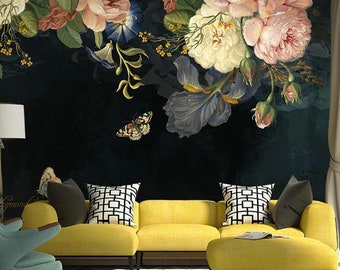 Dark Floral Wallpaper Mural: American Countryside Wall Art
