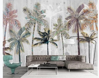 Three Naughty Monkeys Wall Mural Dark Blue Background Coconut Palm Trees Wall Mural Living or Dinning Room Wall Mural Home Decor