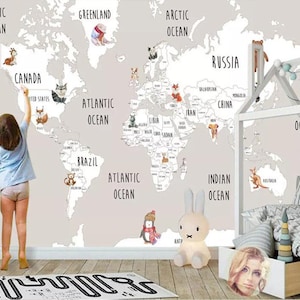 Papier peint mural personnalisé pour chambre d'enfants, carte du monde des animaux peinte à la main, peintures murales de fond