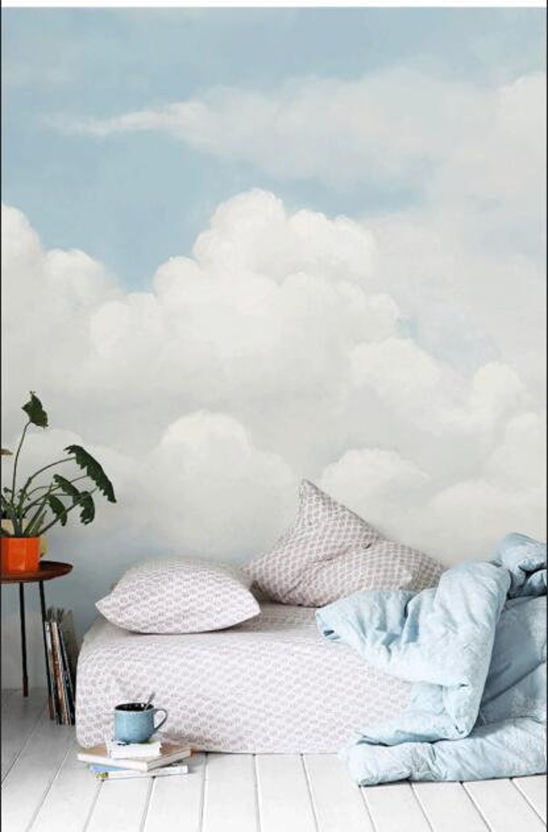 Abstract White and Blue Clouds Nursery Wallpaper, Sky Blue Clouds Baby's Room Nursery or Kid's Room Wall Murals Wall Decor image 6