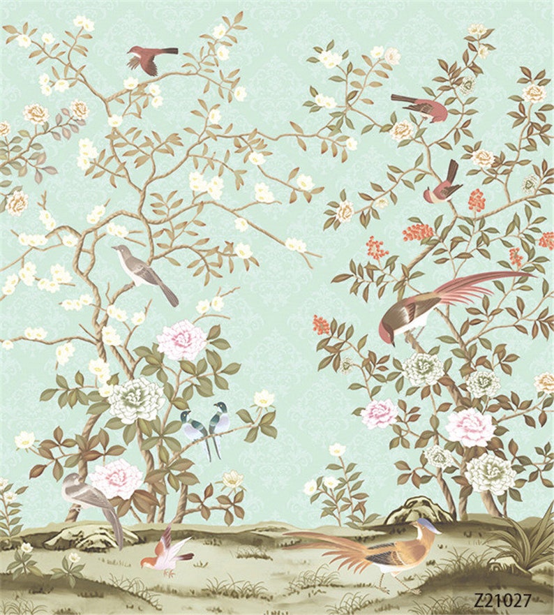 Chinoiserie Brushwork Flowers and Birds Wallpaper Light Green Etsy