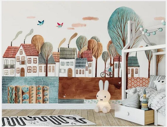 Cartoon House Childhood Town Nursery Wallpaper Flying Birds | Etsy