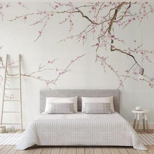 Chinoiserie Brushwork Hanging Plum Blossom Tree Wallpaper, Hand Painted Home Decor Wall Murals, Pink Flowers Wallpaper Wall Decor