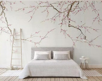 Chinoiserie Brushwork Hanging Plum Blossom Tree Wallpaper, Hand Painted Home Decor Wall Murals, Pink Flowers Wallpaper Wall Decor