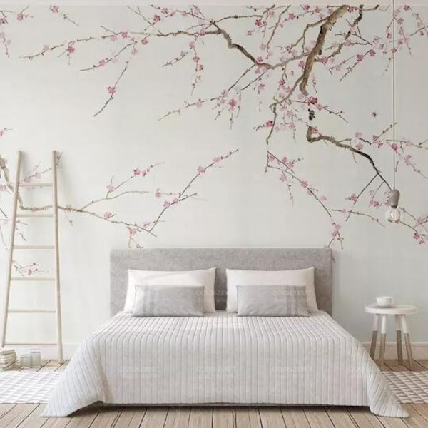Chinoiserie Brushwork Hanging Plum Blossom Tree Wallpaper, Hand Painted Home Decor Wall Murals, Pink Flowers Wallpaper Wall Decor