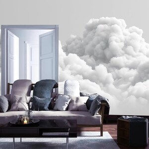 Grey Background White Clouds Wallpaper Wall Mural Home Decor for Living Room Bedroom or Dinning ROom