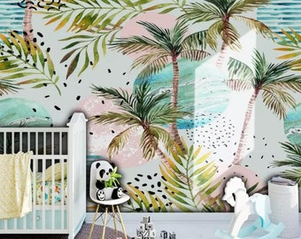 Watercolor Handpainted Coconut Palm Nursery Children Wallpaper, Mint Green Leaves Sea Kids Children Nursery Room Wall Mural