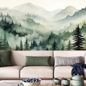 Cartoon Pine Trees Forest with Mountains Nature Landscape Kids' Babies' Children's Room Wallpaper Wall Mural Home Decor