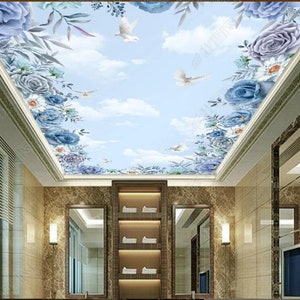 Blue Rose Flower Sky Blue and Pigeon Living Room Bedroom Ceiling Wallpaper Wall Mural