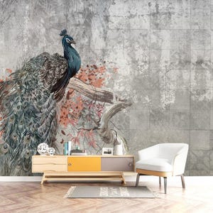Grey Background Blue Big Peacock Wallpaper Wall Mural Home Decor