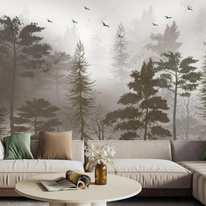 Grey Pine Tree forest with Flying Birds Wallpaper Wall Mural Wall Decor for Living Room Bedroom or Dinning Room