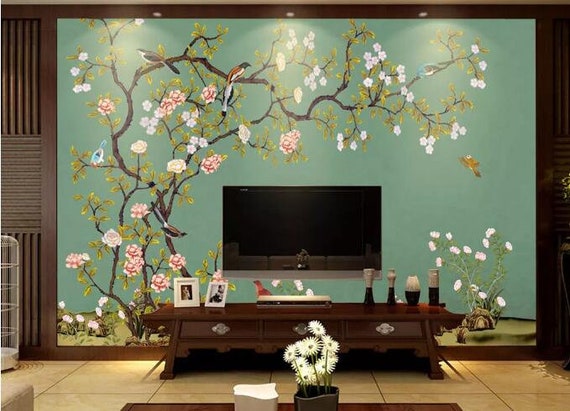 Chinoiserie Brushwork Hand Painted Hanging Cherry Tree and Birds Wallpaper Vivid Birds Floral Wallpaper Home Decor Wall Murals