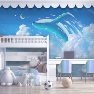 Himmel, Blau, weiße Wolken und blauer Wal Kinderzimmer Kinder Babys Kinderzimmer Tapete Wandbild