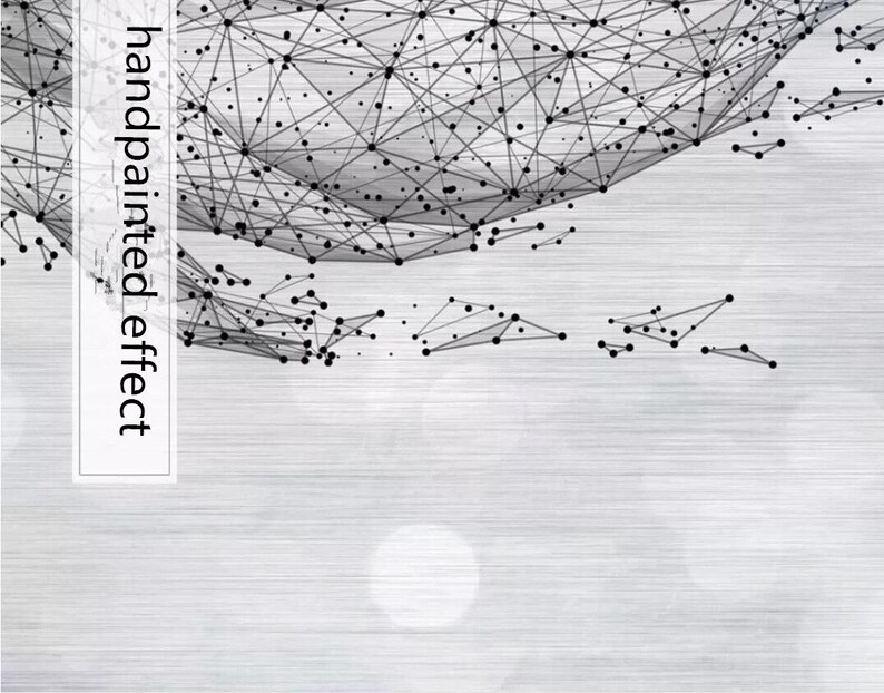 May include: Abstract geometric design with a hand-painted effect. The design features a network of interconnected lines and dots, creating a sense of depth and movement. The background is a light gray with a subtle brushed texture.