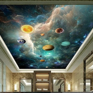 Papel pintado de techo con planetas y universo de cielo nocturno, mural de pared para hotel, restaurante, sala de estar