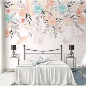 Hanging Pink and Blue Flowers Wallpaper, Flying Butterfly and Flowers Wall Murals Wall Decor