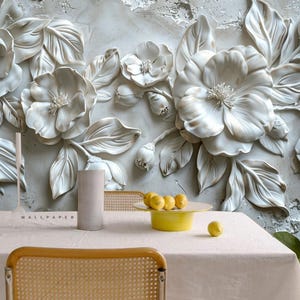 Relief Camellia Flowers Lush Petals Glossy Leaves Wallpaper Wall Mural Home Decor for Living Room Bedroom or Dinning Room