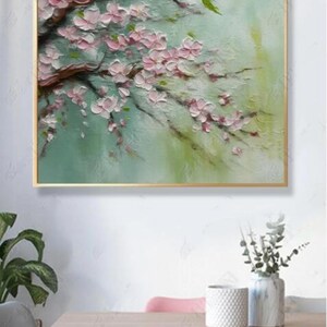 100% Handmade Oil Painting, Peach Blossom Oil Painting, Handmade Peach Branch Wall Art Picture Living Room Bedroom Decor (No Frame)