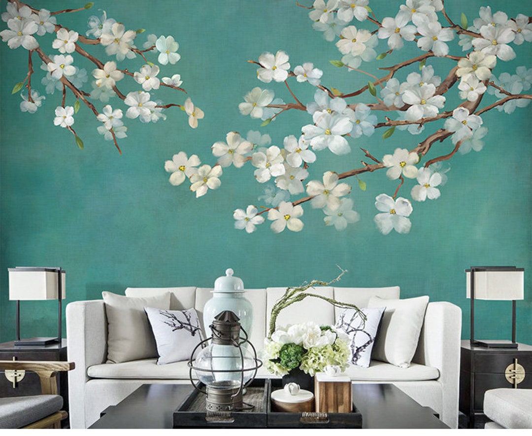 Chinoiserie Peach Blossom Wallpaper: Floral Wall Mural, Dark Blue