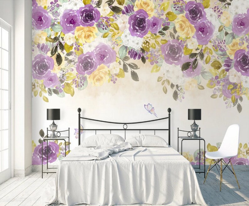 Purple Flower Nursery Wall Wallpaper Hanging Flowers Baby - Etsy