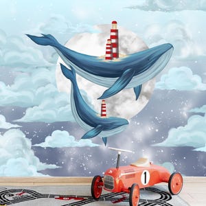 Cartoon Two Sharks Clouds Kids' Babies' Children's Room Nursery Wallpaper Wall Mural Home Decor