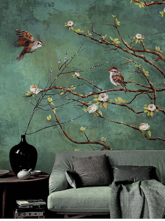 Sticke Dark - Wall Green Dark and Nature Wall Etsy Floral Wallpaper, Art Mural, Flowers Vintage Israel Decal, Wall Birds ,wall