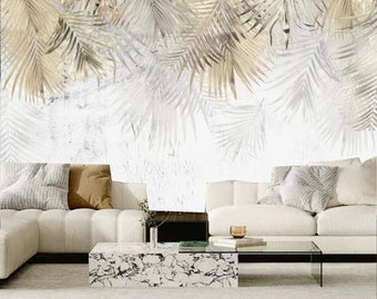 Simple Palm Leaves Tropical Leaf Wallpaper Wall Mural Wall Decor for Living Room Bedroom or Dinning Room