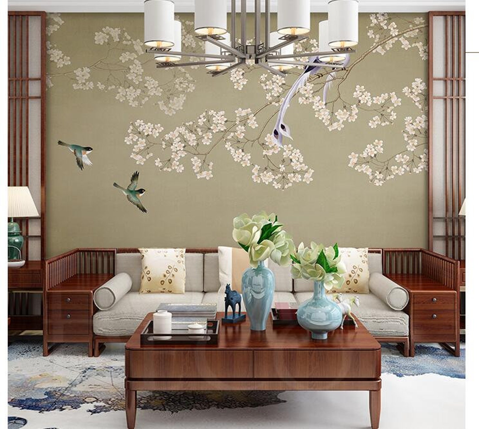 Chinoiserie Hanging Cherry Blossom Tree Wallpaper, Flying Vivid Birds ...