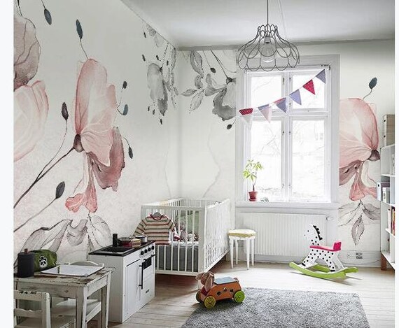 PapaKit Mural de pared grande pintado a mano con flores primaverales (diseño floral de acuarela, 72 piezas) para bebé, niña, guardería, niños, adolescentes, decoración del hogar, patrón de arte