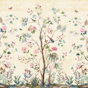 Chinoiserie Brushwork Hand Painted Vine Flowers Wallpaper, Vivid Birds and Peony Flowers Wallpaper Home Decor Wall Murals