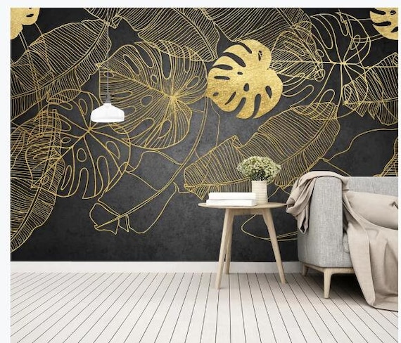 Tropical Gold Monstera Ceriman Leaves Wallpaper, Handpainted Gold Leaves  Wall Murals Wall Decor 