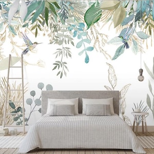 Fresh Tropical Plants and Hanging Leaves Wallpaper, Flying Birds Tropical Plants and Flowers Wall Murals