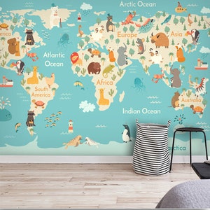 Papier peint carte du monde dessin animé, décoration murale carte de dessin animé animal, art mural, décalcomanie murale, papier peint de chambre d'enfants et de chambre d'enfants