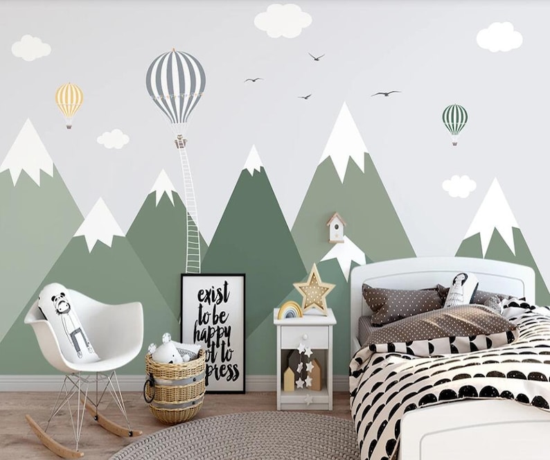 Simple Mountain Hot Air Balloon Nursery Children's Room Background ...