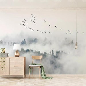 Foggy Wallpaper Photo Wall Mural Bird Pine Forest Clouds Wallpaper, Flying Birds and Pine Forest Wall Murals