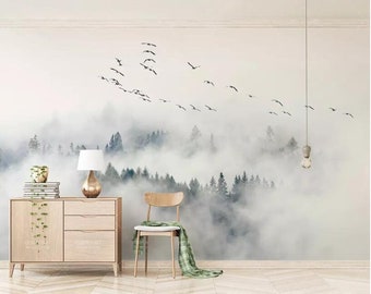 Foggy Pine Forest Wallpaper Mural: Flying Birds Wall Decor