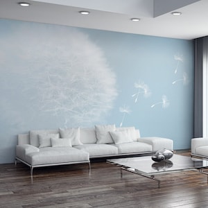 Carta da parati murale con sfondo blu e dente di leone bianco, decorazione da parete