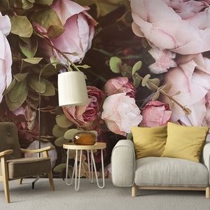 Holländische handgemalte Pfingstrose Tapete, dunkelbrauner Hintergrund riesige rosa Blumen dunkelgrüne Blätter Wandbild, Tapete des Wohn- und Esszimmers